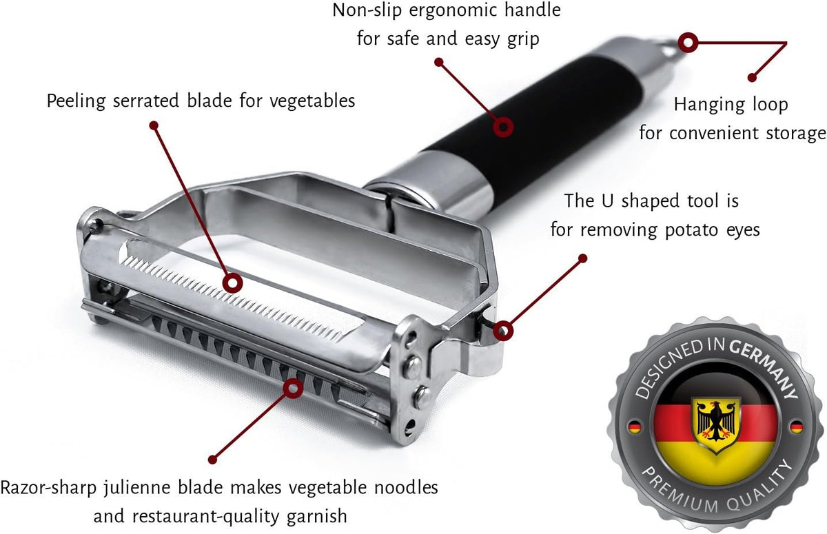 Deiss PRO Dual Julienne Peeler & Vegetable Peeler - Non-slip Handle - Apple Peeler & Potato Peeler, Orange Peeler, Zoodles Maker - Y Peeler, Veggie Peeler for Making Delicious Veggie Noodles