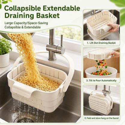 Foldable Hanging Kitchen Sink Drain Basket, 2026 Upgraded Foldable Kitchen Sink Strainer, Stretchable Kitchen Colander, No-Drill Hanging Drain For Fruit Vegetable Washing Rice Rinsing (Green)