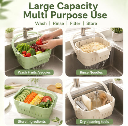 Foldable Hanging Kitchen Sink Drain Basket, 2026 Upgraded Foldable Kitchen Sink Strainer, Stretchable Kitchen Colander, No-Drill Hanging Drain For Fruit Vegetable Washing Rice Rinsing (Green)