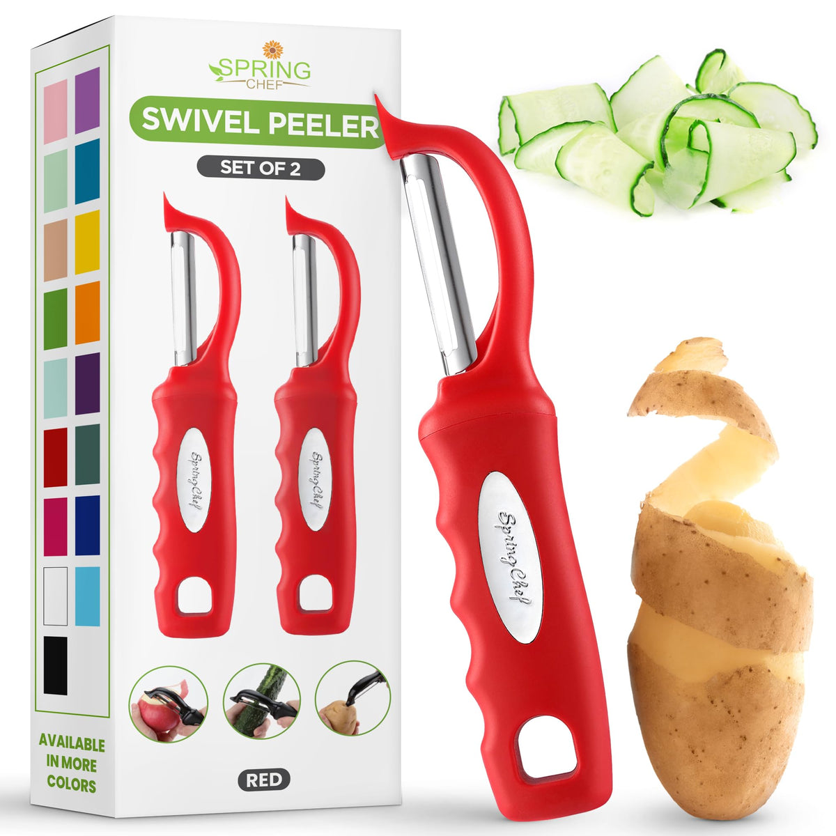 Spring Chef Swivel Vegetable Peeler for Kitchen w/Soft Grip Handle, Black