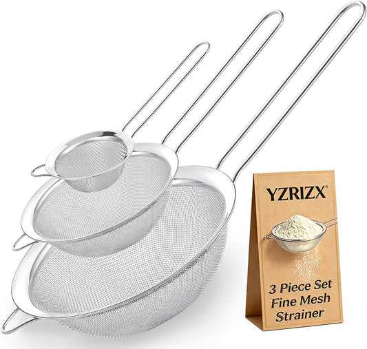 Fine Mesh Strainer Set of 3, Stainless Steel Sieve Sifters with handle, Medium Small Mini Size, Kitchen Strainers Colander Set for Sifting, Straining & Cooking(2.2"/3.9"/5.5")