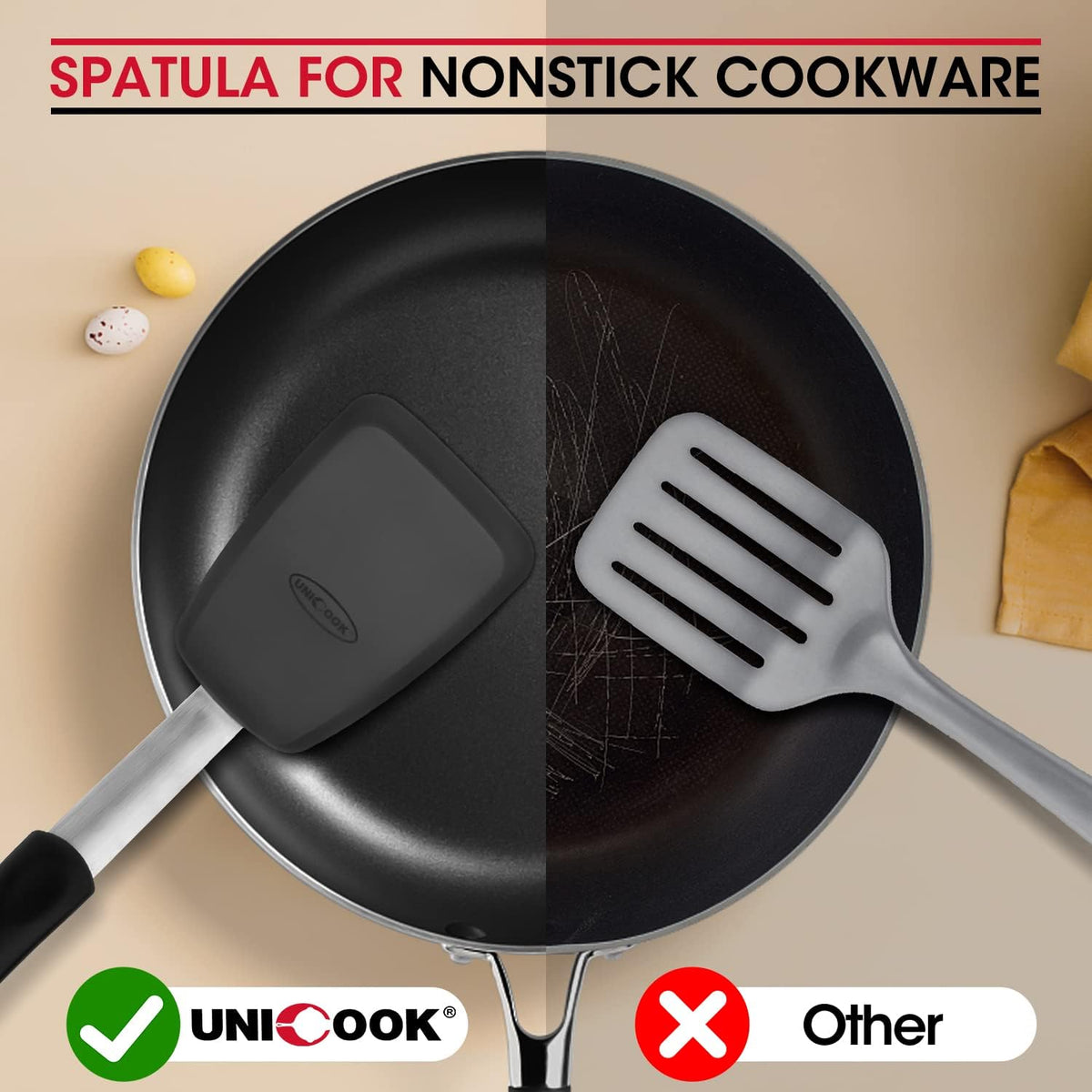 Unicook 2-Piece Silicone Spatula Turner Set for Everyday Cooking, Black