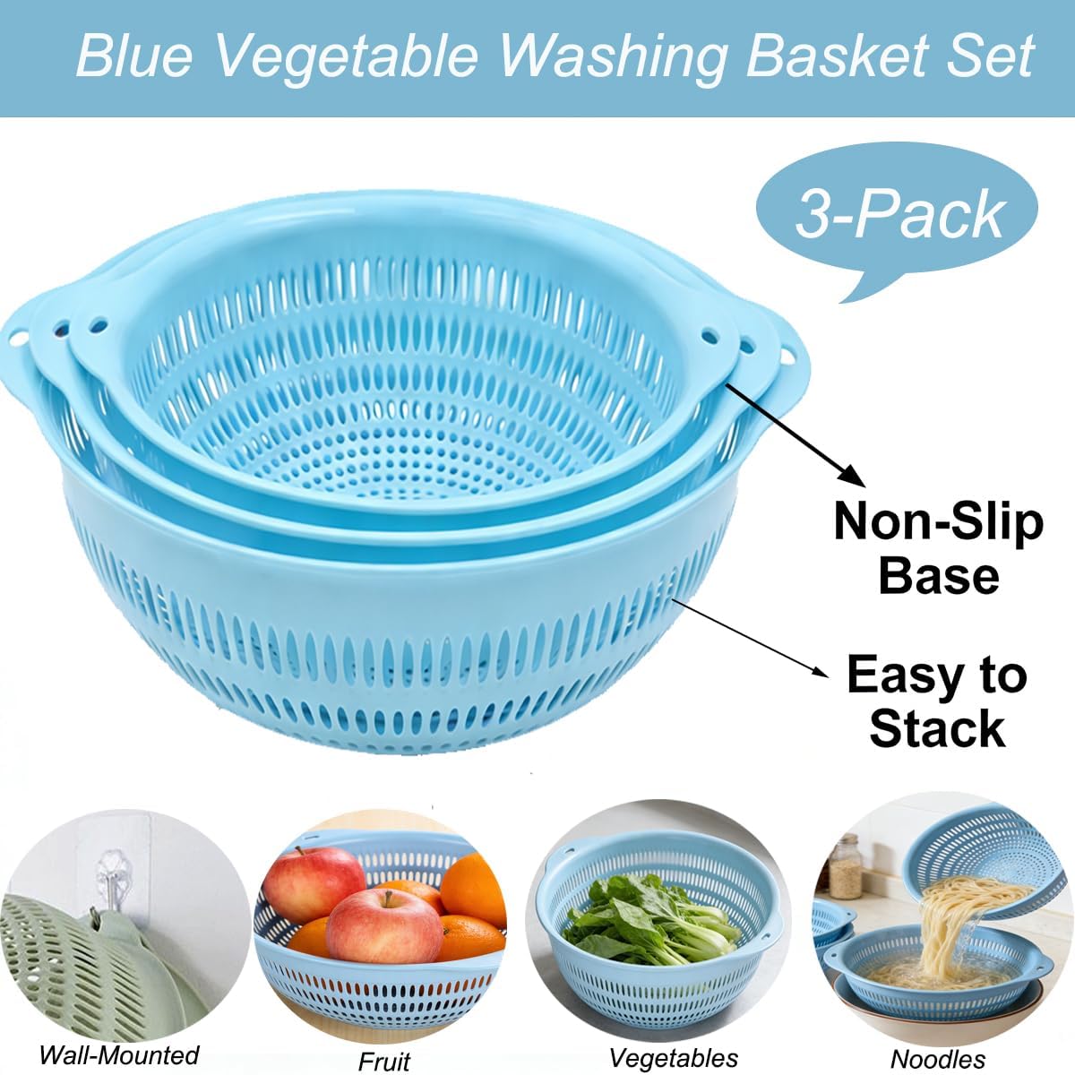 Washing basket, round perforated strainer, washing vegetables and fruits, draining cooked noodles with handle, kitchen food filter basket, plastic filter basket, cooking (3PCS blue)