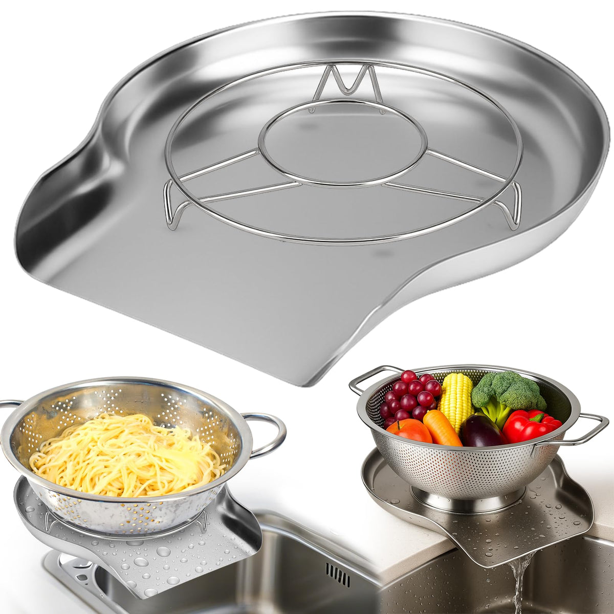 Palksky Stainless Steel Colander Set with Self-Draining Base, 3 Sizes Colanders & Food Strainers for Pasta, Rice, Fruits & Veggies, Metal Colander with Draining Plate for Sink or Countertop