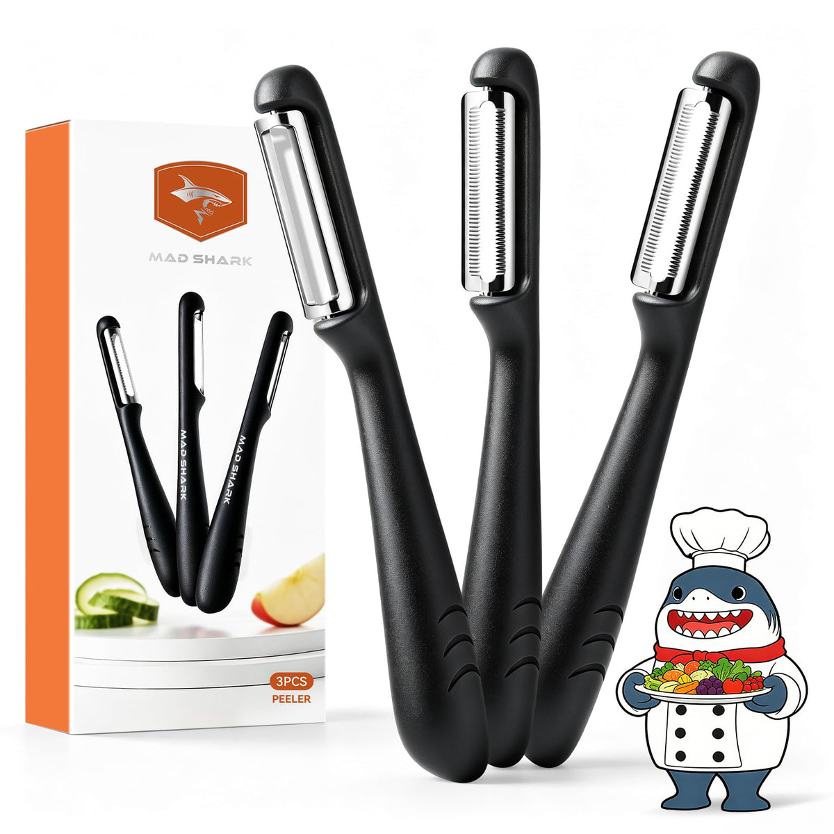 MAD SHARK 3-Piece Vegetable Peeler Set, Straight & Serrated Potato Peelers