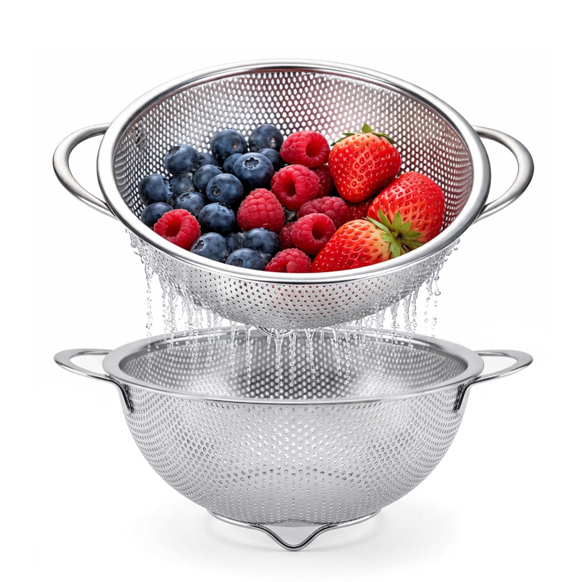 Palksky Stainless Steel Colander Set with Self-Draining Base, 3 Sizes Colanders & Food Strainers for Pasta, Rice, Fruits & Veggies, Metal Colander with Draining Plate for Sink or Countertop