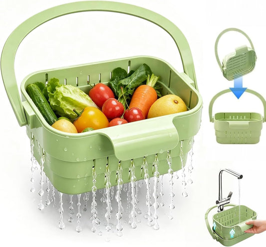 Foldable Hanging Sink Drain Basket – Stretchable Kitchen Colander with Flip Cover, Space-Saving Food Strainer & Multi-Functional Faucet Storage Rack, Draining for Fruits, Vegetables, Utensils (Green)