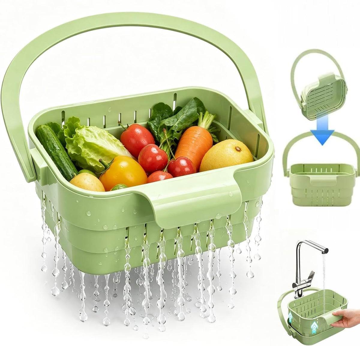 Foldable Hanging Sink Drain Basket – Stretchable Kitchen Colander with Flip Cover, Space-Saving Food Strainer & Multi-Functional Faucet Storage Rack, Draining for Fruits, Vegetables, Utensils (Green)