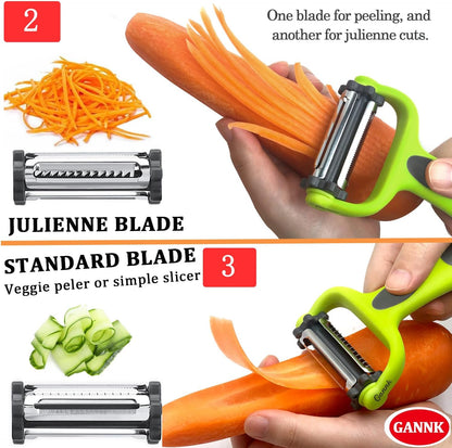 GANNK Potato Apple Vegetable Peelers for Kitchen, I and Y Peelers for Fruit Veggie Potatoes Carrot Cucumber, 3 in 1 Blade Spin Design With Julienne Multifunctional