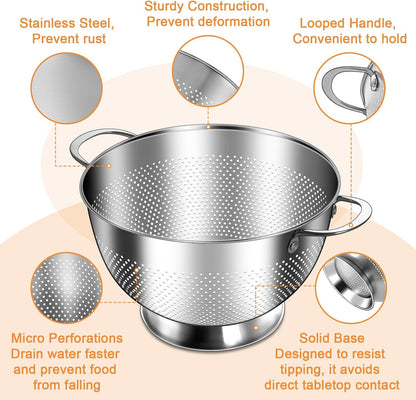 Stainless Steel Colander for Kitchen | 5 Quart Durable Rice and Pasta Strainer with Handle | Oversized Handles | Nesting Design | Rust-Resistant & Dishwasher Safe