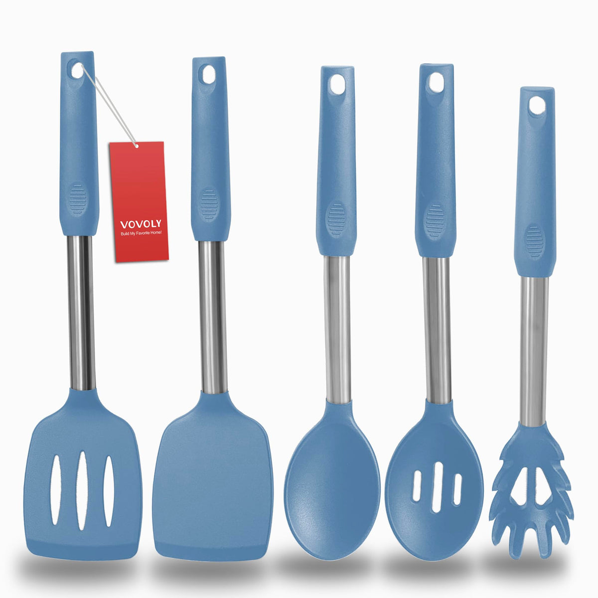 Silicone Spatula and Cooking Spoon,5 Pack Non-Stick Cooking Utensils for Kitchen，Heat Resistant Solid & Slotted Spoons and Spatulas, Stainless Steel Handle Coated with Silicone,Black