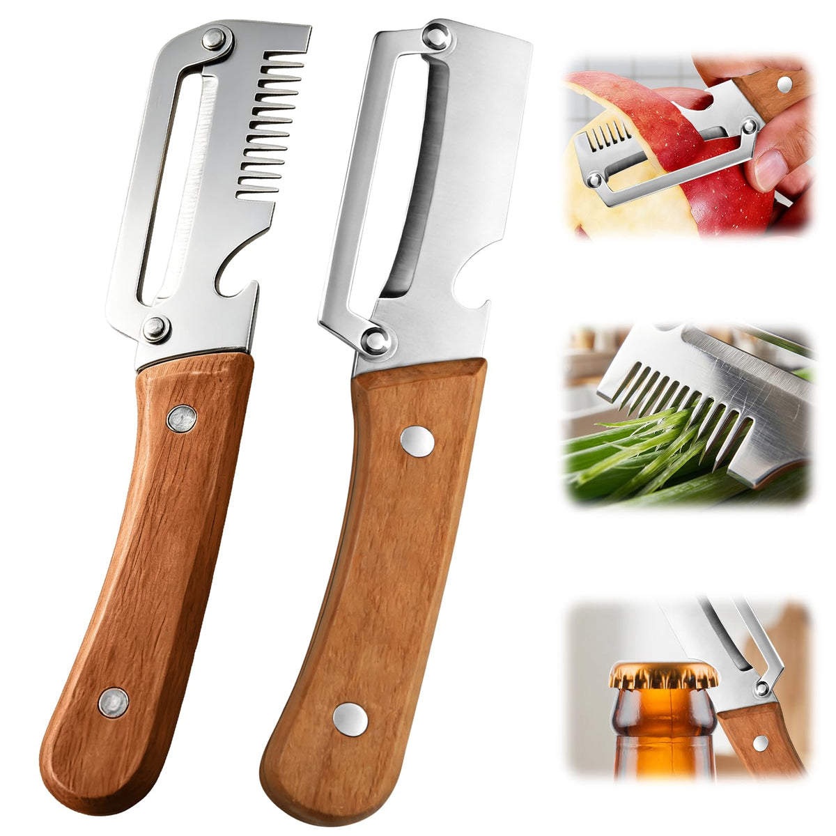 2026 Upgrade Vegetable Peeler With Wooden Handle, Stainless Steel Wide Blade Potato and Carrot Peeler, 3-in-1 Veggie Peeler With Scallion Shredder and Bottle Opener for Kitchen, Camping and Trave