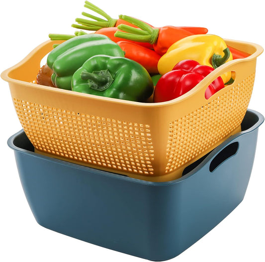 Jucoan 2 Pack 9 & 8 Quart Large Kitchen Strainer Colander Bowl Set, Double-Layer Plastic Fruits Vegetable Washing Basket, Drain Bowls for Cleaning Washing Mixing, Detachable (Blue, Orange)
