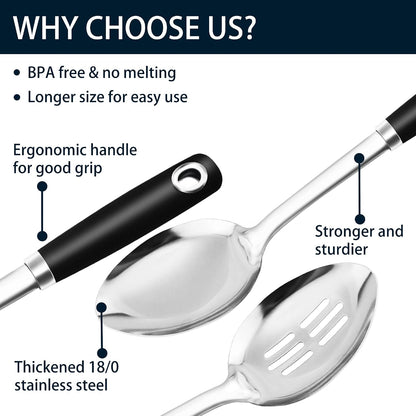 14-in Cooking Spoons Set, Heavy Duty 18/0 Stainless Steel Large Serving Spoons Set, Slotted Spoon, Cooking Spoon & Soup Ladle, Commercial and Residential Use, Pack of 3