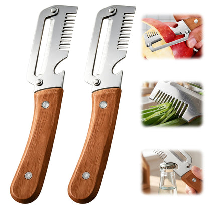 2026 Upgrade Vegetable Peeler With Wooden Handle, Stainless Steel Wide Blade Potato and Carrot Peeler, 3-in-1 Veggie Peeler With Scallion Shredder and Bottle Opener for Kitchen, Camping and Trave