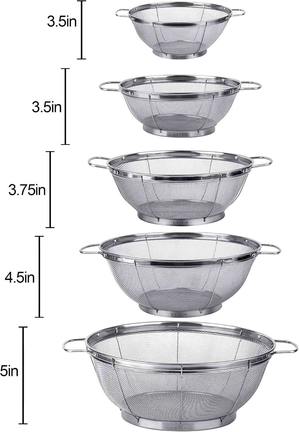 5 Pack 18/8 Stainless Steel Colander Sieves, Multi Size Mesh Strainer Net Baskets with Handles & Resting Base for Strain, Drain, Rinse or Steam