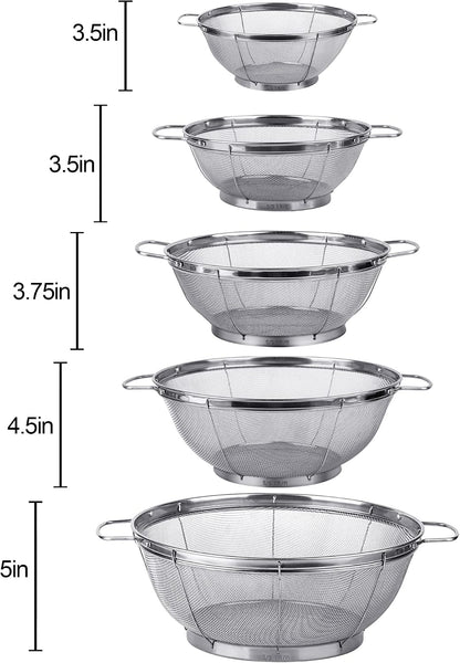 5 Pack 18/8 Stainless Steel Colander Sieves, Multi Size Mesh Strainer Net Baskets with Handles & Resting Base for Strain, Drain, Rinse or Steam