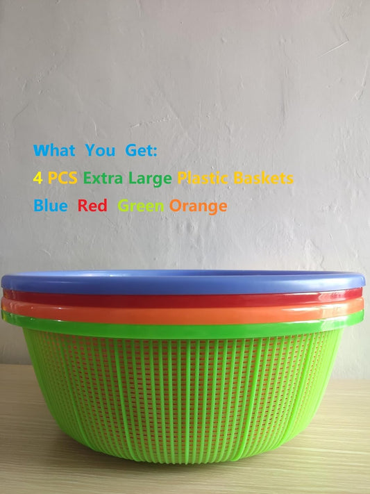 4 Pcs Large Plastic Wash Basket Round Perforated Colander Wash Vegetables and Fruits Drain Cooked Pasta Kitchen Essentials Food Strainer Basket Strainer Kitchen Blue Green Red Orange color