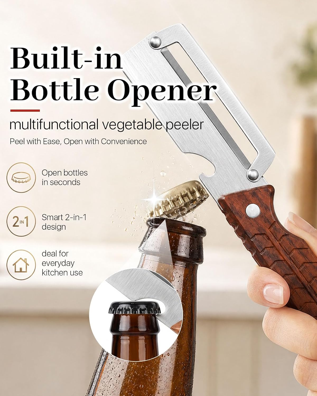 2 PCS Multifunctional Vegetable Peeler for Kitchen, 3-In-1 Stainless Steel Potato Peeler with ABS Handle and Bottle Opener, Ergonomic Handheld Peeler Knife with Hanging Hole for Fruits, Vegetables