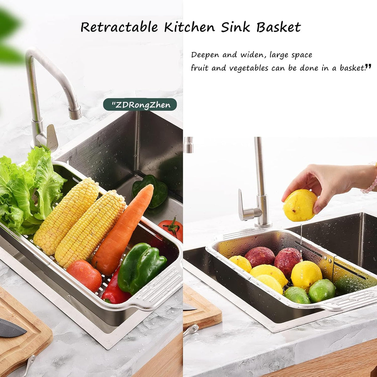 ZDRongZhen Kitchen Supply-Over the Sink Colander Strainer Basket Stainless Steel Retractable Kitchen Sink Basket -Wash Vegetables and Fruits, Drain Pasta and Dry Dishes,Extendable (Medium Silver)