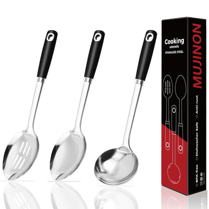 14-in Cooking Spoons Set, Heavy Duty 18/0 Stainless Steel Large Serving Spoons Set, Slotted Spoon, Cooking Spoon & Soup Ladle, Commercial and Residential Use, Pack of 3