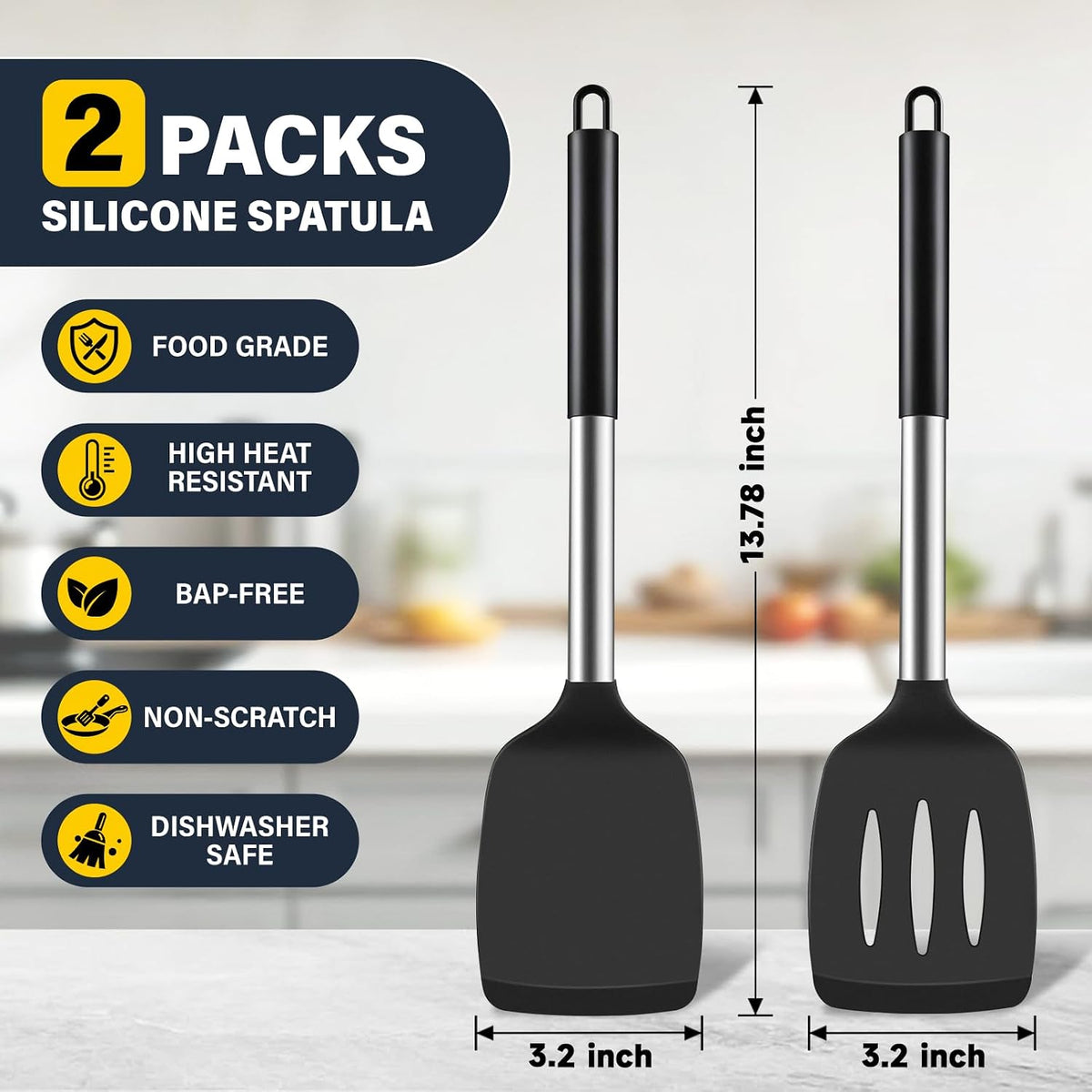 2 Pack Silicone Spatula Set, Solid & Slotted Turner for Non-Stick Pans