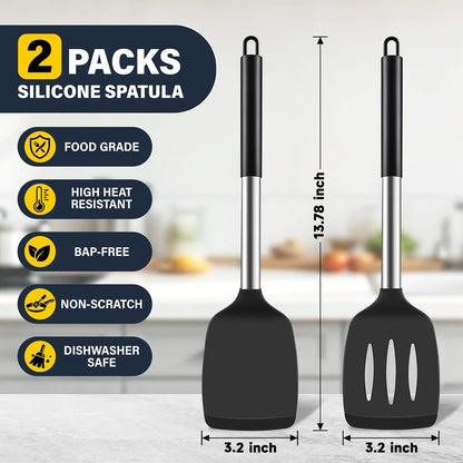 2 Pack Silicone Spatula Set, Solid & Slotted Turner for Non-Stick Pans