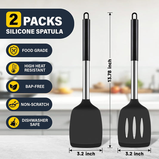2 Pack Silicone Spatula Set, Solid & Slotted Turner for Non-Stick Pans