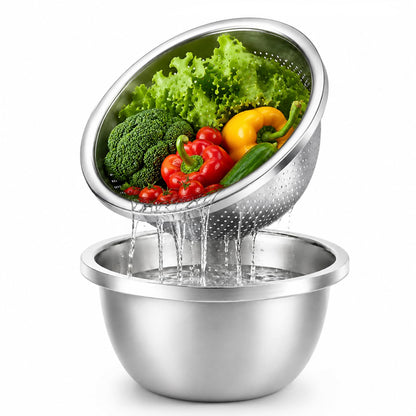 Palksky Stainless Steel Colander Set with Self-Draining Base, 3 Sizes Colanders & Food Strainers for Pasta, Rice, Fruits & Veggies, Metal Colander with Draining Plate for Sink or Countertop