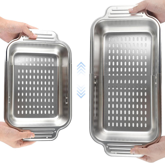 Over the Sink Colander Strainer Basket, ALL METAL Extendable Drain Colander