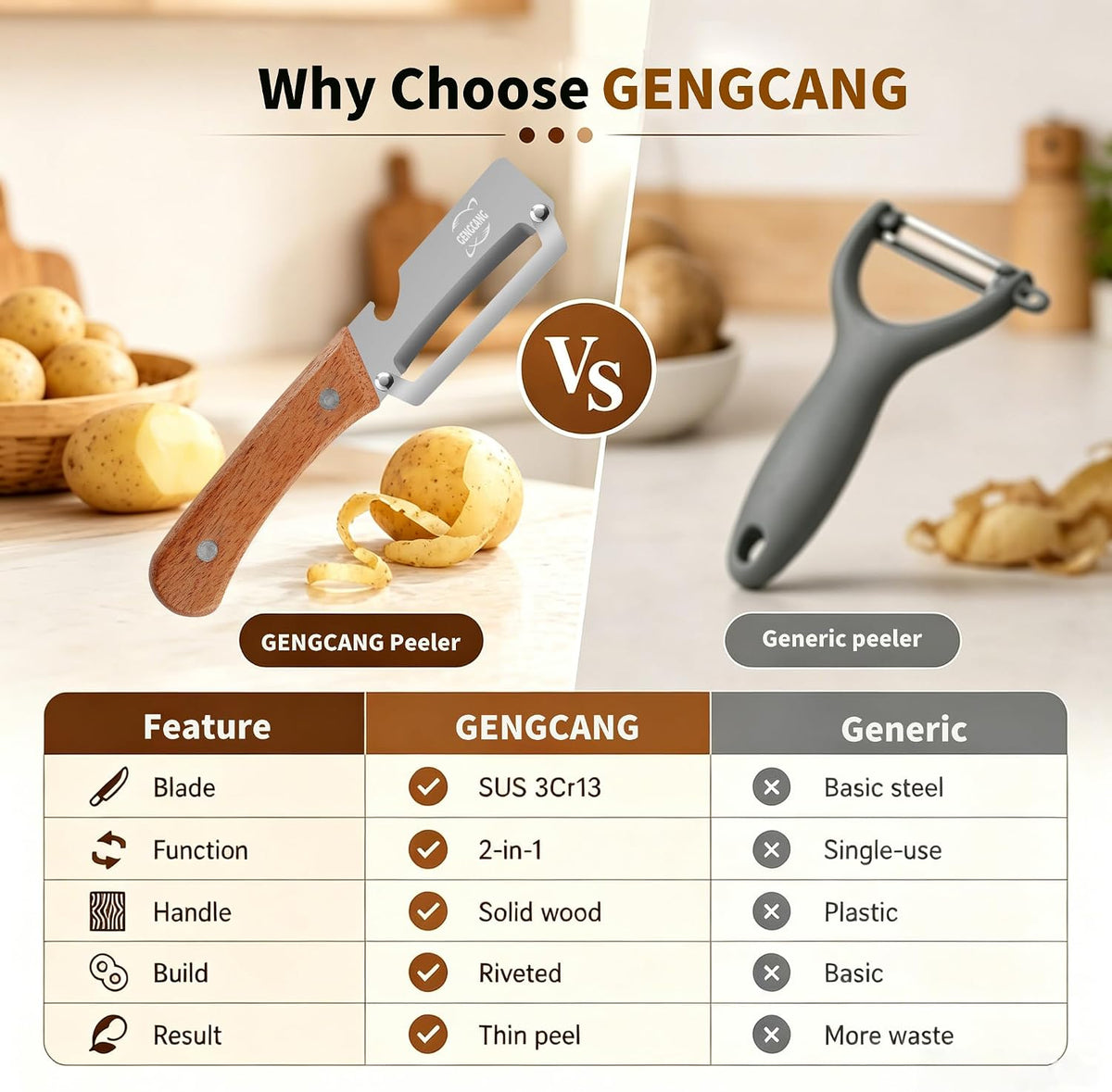 MultiFunctional Vegetable Peeler, Non-Slip Wooden Handle with Sharp Stainless Steel Blade, Built-in Bottle Opener - Perfect Kitchen Peeler For Veggie, Fruit, Potato, Carrot, Apple