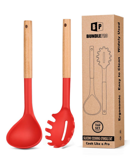 BUNDLEPRO Silicone Soup Ladle and Pasta Spoon Set with Wooden Handle