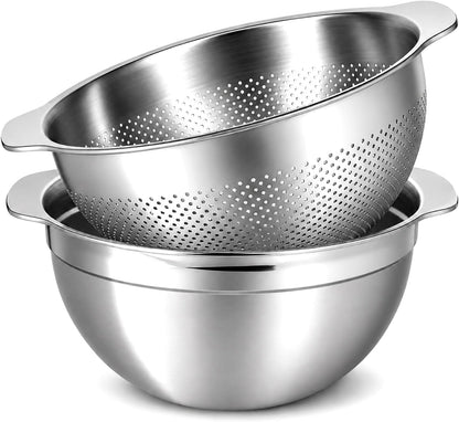 18/8 Stainless Steel Drain Basket with Mixing Bowl, 5QT Large Capacity, Metal Colander and Bowl Set with Handle, Micropore Strainer for Draining Washing Rice Fruit Vegetable, Dishwasher Safe