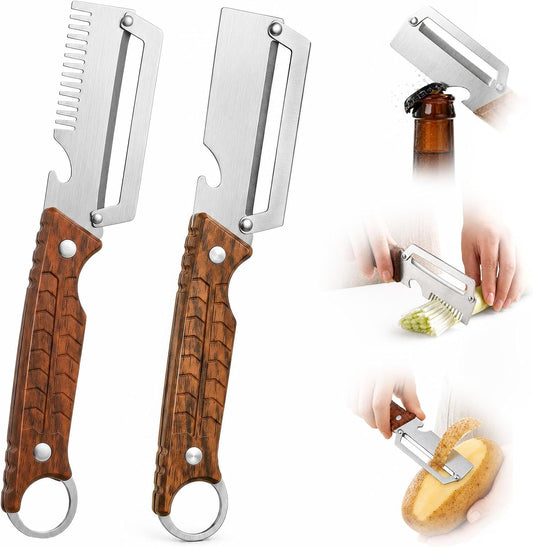 2 PCS Multifunctional Vegetable Peeler for Kitchen, 3-In-1 Stainless Steel Potato Peeler with ABS Handle and Bottle Opener, Ergonomic Handheld Peeler Knife with Hanging Hole for Fruits, Vegetables