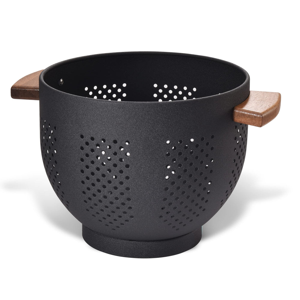 Metal Colander with Wood Handle and Stable Base, Powder Coated Steel Kitchen Strainer Basket for Draining Pasta, Vegetable and fruit(5.5quart,Matte Black)