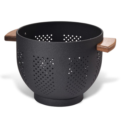 Metal Colander with Wood Handle and Stable Base, Powder Coated Steel Kitchen Strainer Basket for Draining Pasta, Vegetable and fruit(5.5quart,Matte Black)