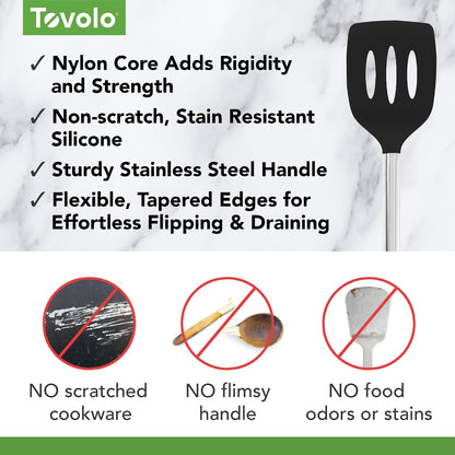 Tovolo Slotted Silicone Spatula Turner Slotted Stainless Steel Handle 10" Black Heat Resistant Non Toxic BPA Free Kitchen Utensil, Scratch Resistant Silicone Pancake Flipper Turner for Cooking