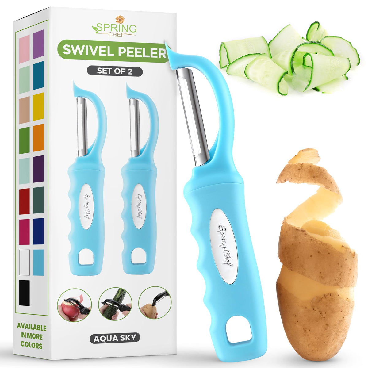 Spring Chef Swivel Vegetable Peeler for Kitchen w/Soft Grip Handle, Black