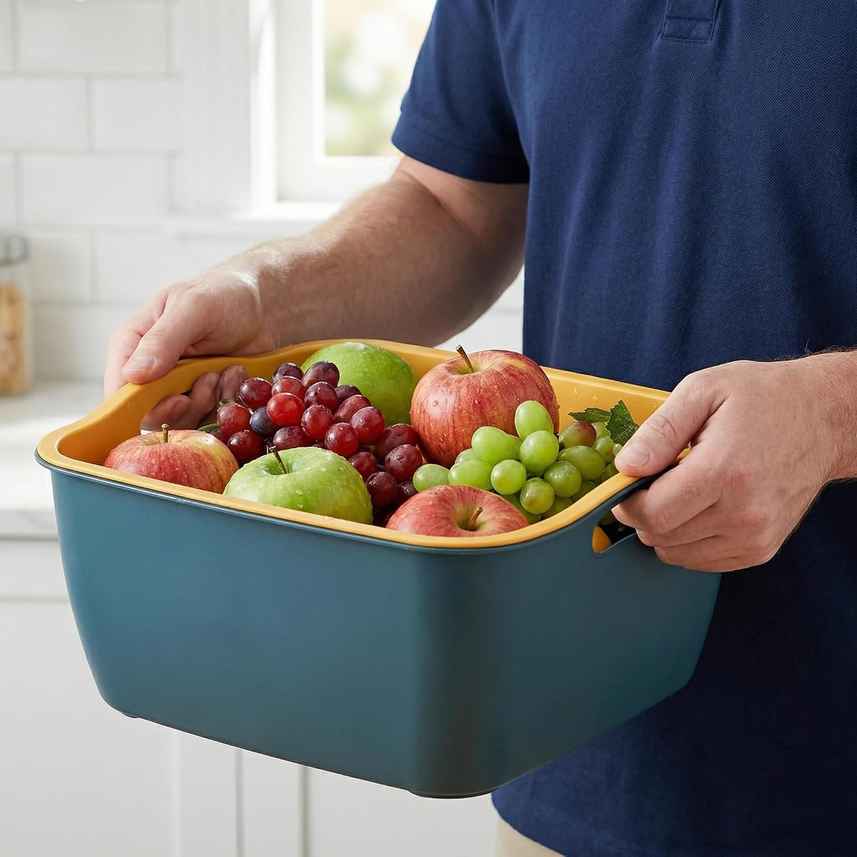 Jucoan 2 Pack 9 & 8 Quart Large Kitchen Strainer Colander Bowl Set, Double-Layer Plastic Fruits Vegetable Washing Basket, Drain Bowls for Cleaning Washing Mixing, Detachable (Blue, Orange)
