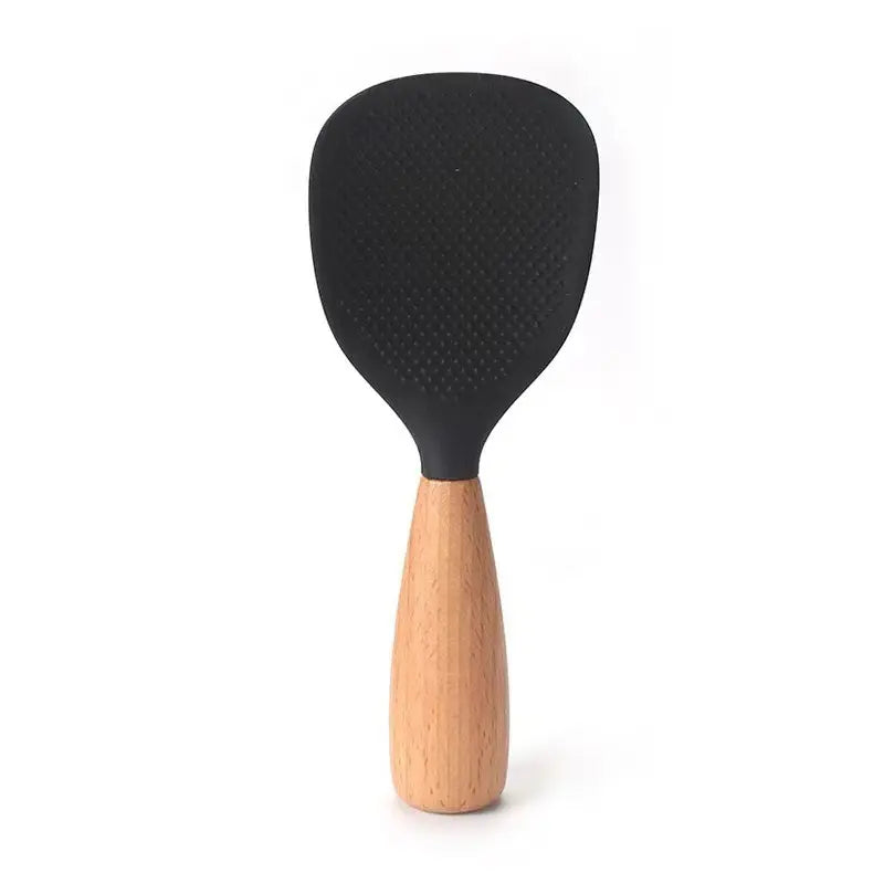 Silicone Spoon with Wooden Handle 1PC Heat-Resistant & Non-Stick Safe Rice Spoon Heat-Insulated Comfort Grip Durable Kitchen Utensil for Home & Restaurant Must-Have Practical Cooking Gadget -RR