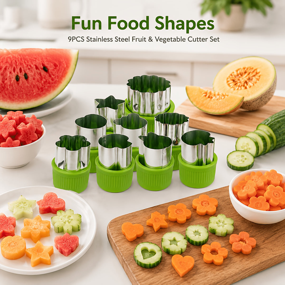 9pcs Fruit Cutter Set, Stainless Steel Fruit Slicer with Shape Molds, Watermelon Cutter, Vegetable Cutting Tools with Star Heart Flower Shapes, Easy Grip Handle, Kitchen Gadgets for Salad, Dessert, Baking and Party Food Decoration