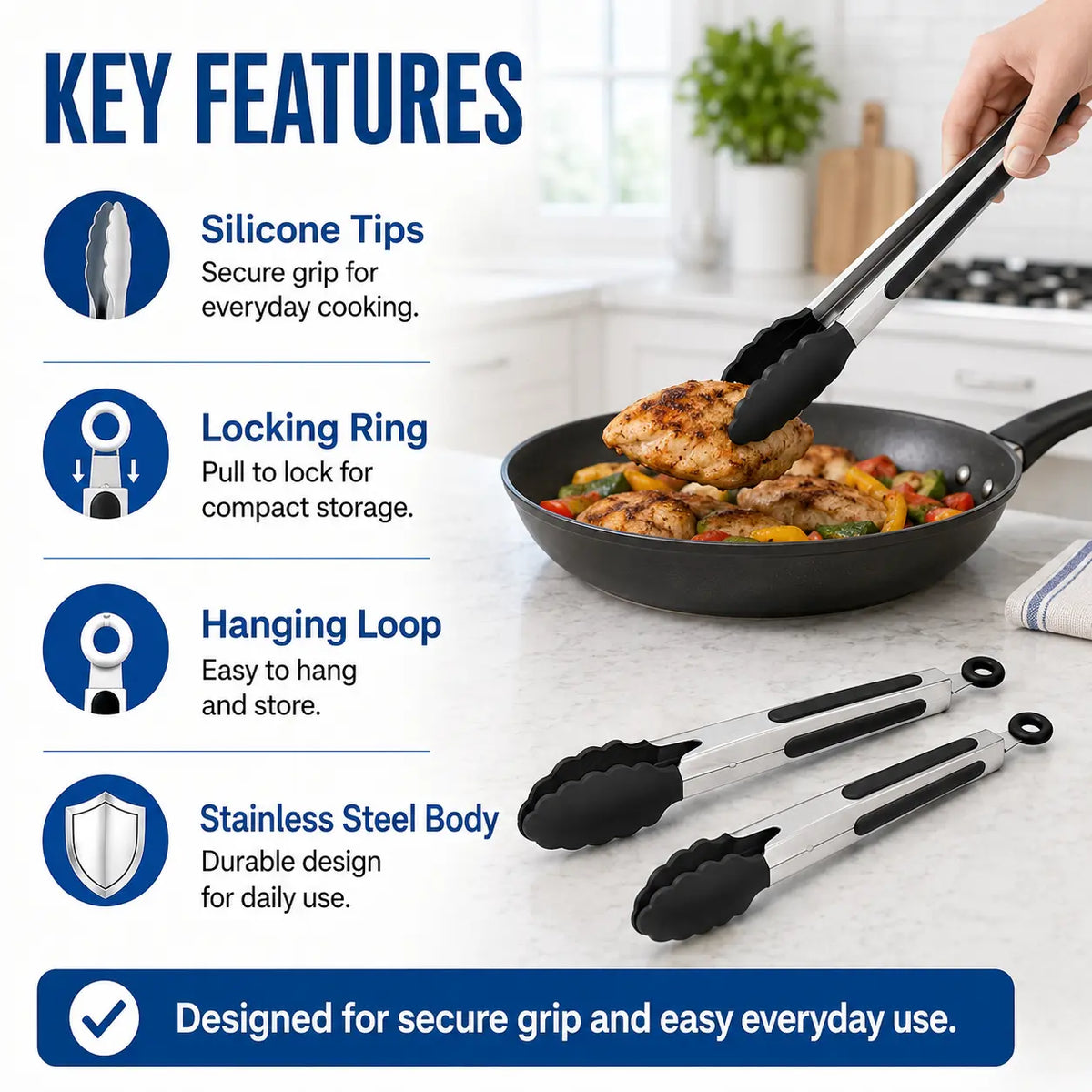 3Pcs Kitchen Tongs Set, 7/9/12 Inch Stainless Steel Cooking Tongs with Silicone Tips, Locking Food Tongs for Grilling, BBQ, Salad & Serving