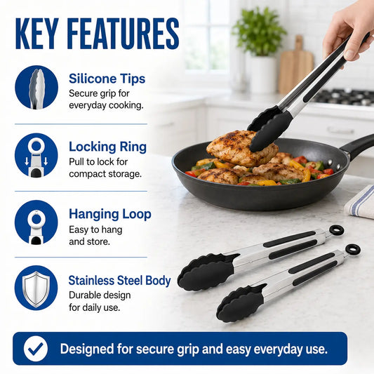 3Pcs Kitchen Tongs Set, 7/9/12 Inch Stainless Steel Cooking Tongs with Silicone Tips, Locking Food Tongs for Grilling, BBQ, Salad & Serving
