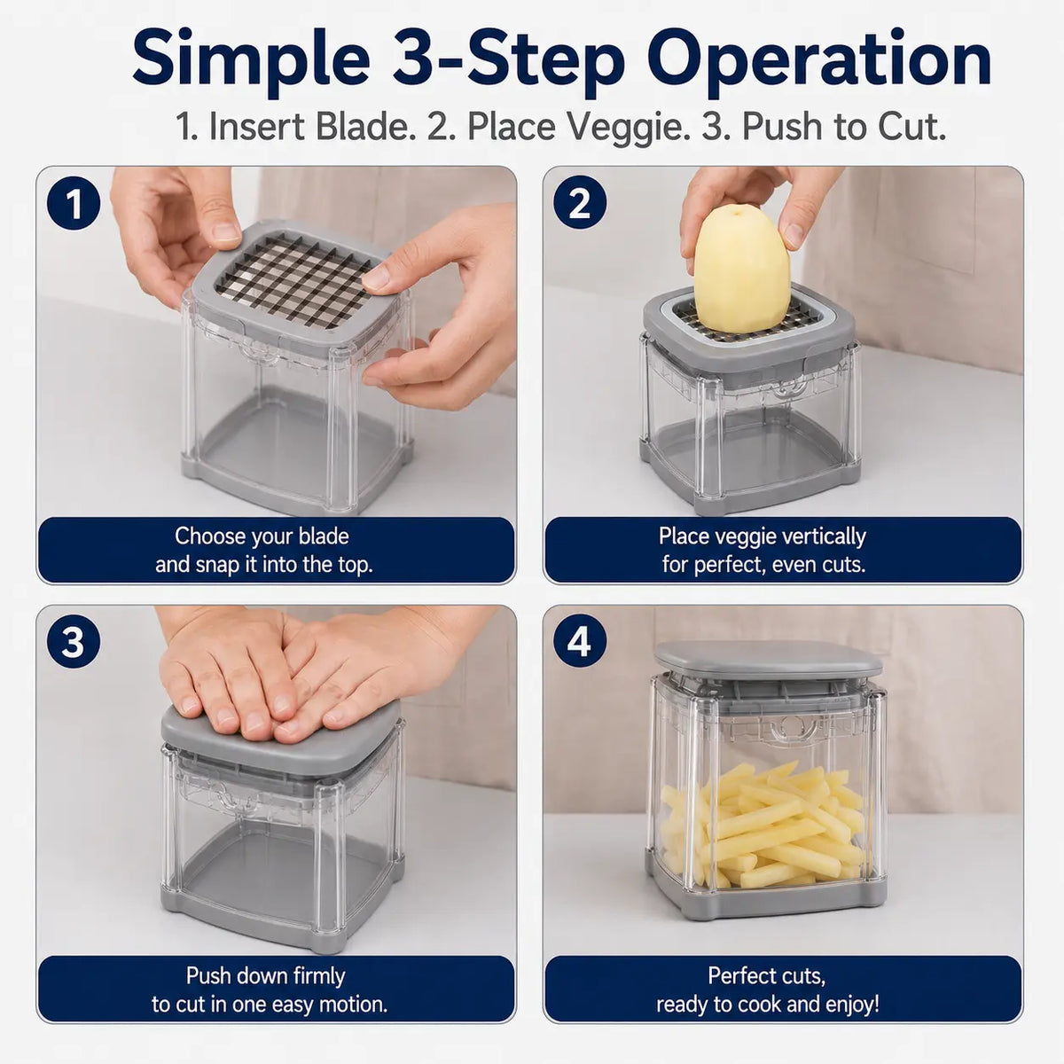 Durable 4-in-1 Vegetable Slicer. Sharp blades cut uniformly sliced veggies. Transparent container, easy to operate. Must-have tool!