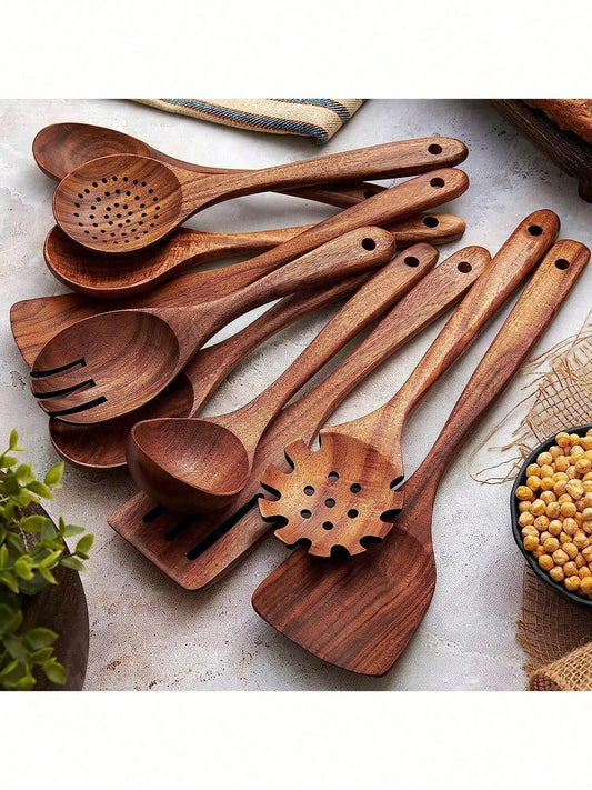 5-Piece Premium Acacia Wood Kitchen Utensils Set - Ergonomic Handles, Natural Eco-Friendly, Includes Solid Spoon, Tablespoon, Sauté Turner, Ladle, Heat-Resistant, Easy-to-Clean, Durable Kitchen Accessories for Non-Stick Pans (Home Gift), Wooden Cooking Ut