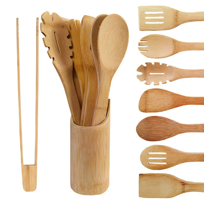 9 Pcs Bamboo Cooking Utensils Set - Nonstick Kitchen Tools with Smooth Finish, Includes Spatula, Slotted Turner, Soup Ladle, Solid Spoon, Scraper, Tongs, Strainer with Round Holes, Healthy Wooden Utensils