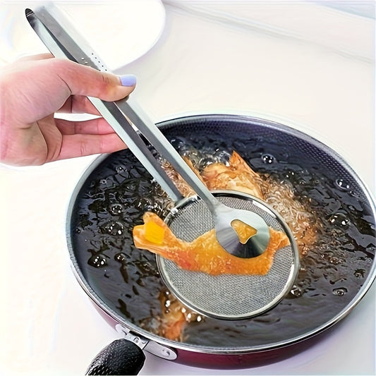 Stainless Steel Kitchen Tongs with a Built-in Strainer Design, Offering Versatile Frying Food Filtration Functionality. This High-temperature Heat-resistant Cooking Tool Is Suitable for Oil Separation and Food Serving. Usable in All 4 Seasons