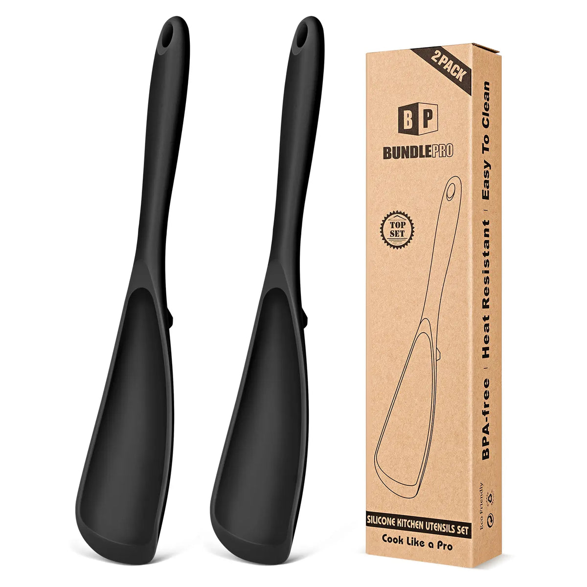 BundlePro Silicone Cooking Spoons 2-Pack - Anti-Adhesive Spatulas & Turners for Nonstick Cookware, BPA-Free Food Grade, Heat Resistant Handles Up to 446°F with Confidence, Top Stays Clean Mixing Kitchen Utensils Set