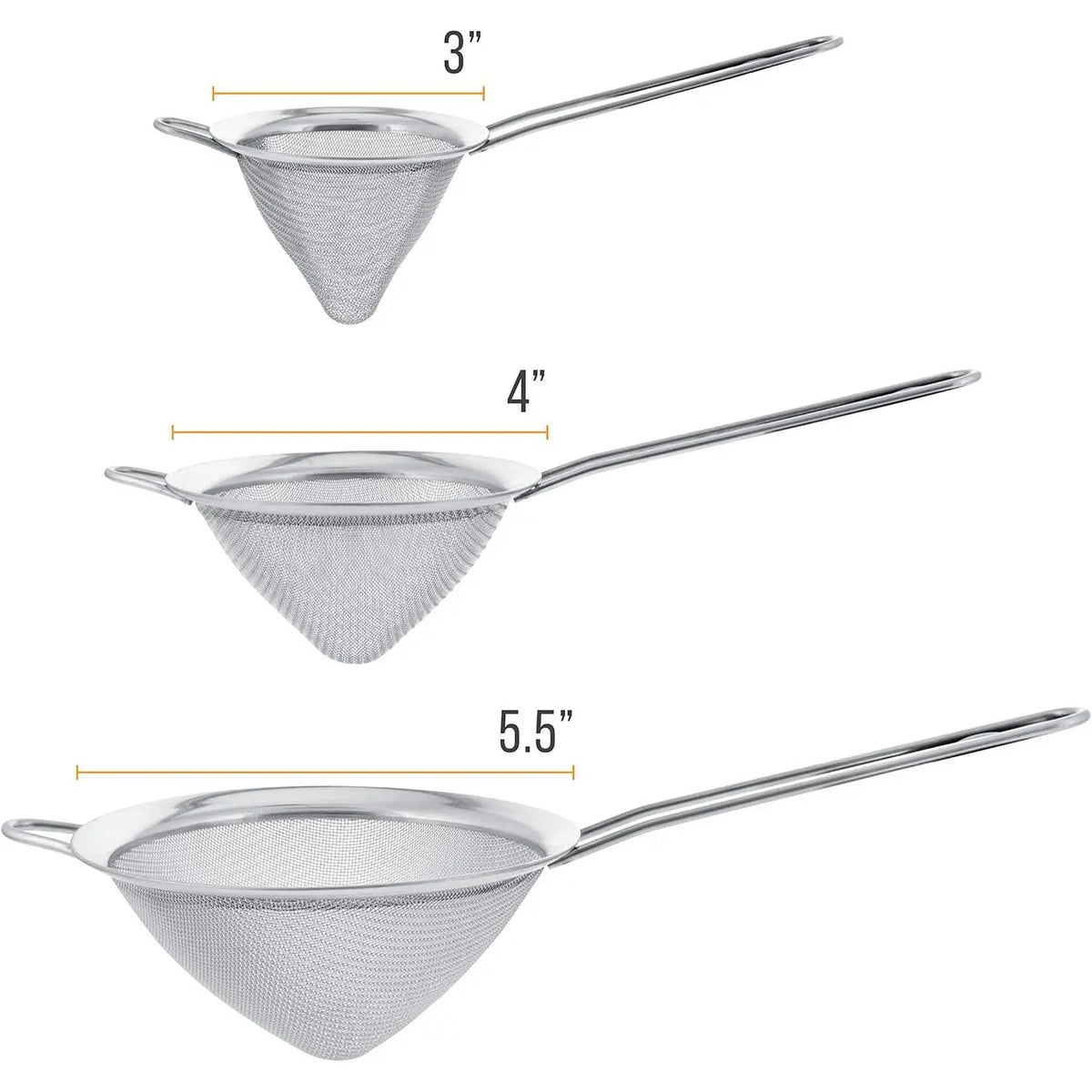 Thick 3-Piece Cone-Shaped Stainless Steel Strainer Set (3in/4in/5.5in) - Fine Mesh, Handled Kitchen Gadgets, Sturdy Colander for Straining Vegetables/Pastas, Dishwasher Safe Kitchen Utensils