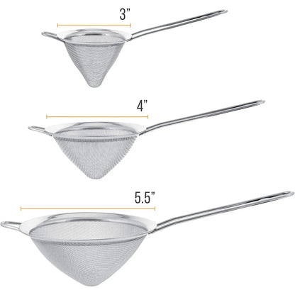 Thick 3-Piece Cone-Shaped Stainless Steel Strainer Set (3in/4in/5.5in) - Fine Mesh, Handled Kitchen Gadgets, Sturdy Colander for Straining Vegetables/Pastas, Dishwasher Safe Kitchen Utensils